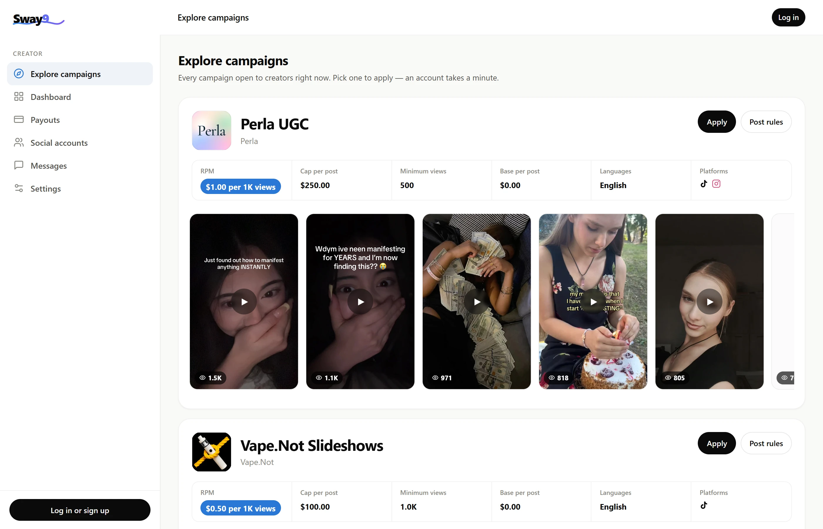 Open pay-per-view campaigns listed with their RPM, cap per post, minimum views, base per post, languages and platforms